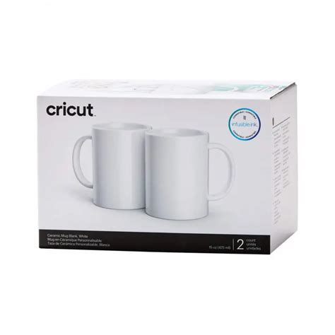 2007823 - Cricut Ceramic Mug Blank 15 Oz 2 Pack (White); 2 Infusible Ink™ compatible* mug blanks 15 oz / 440 ml in White - *Sublimation compatible; Smooth, straight walls for flawless transfers; Dishwasher & microwave safe; Includes ready-to-gift box for any occasion; For use with Cricut Mug Press™ & Infusible Ink products (sold separately)